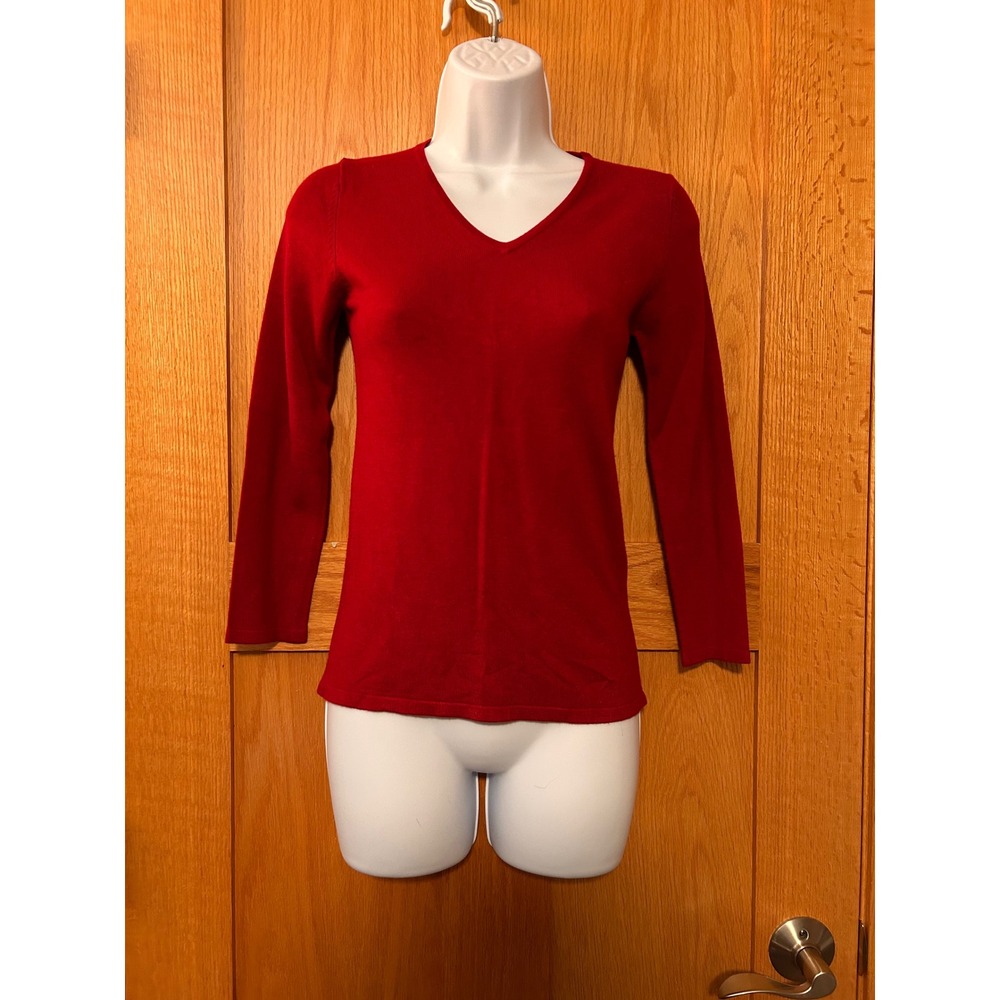 Vintage Y2K Express World Brand Stretch Red V-Neck Knit Sweater 3/4 Sleeve Small